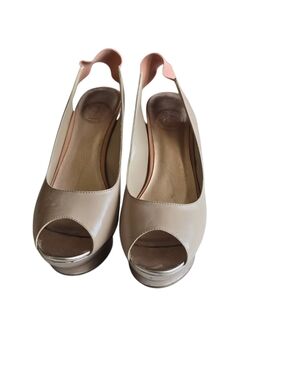Jessica Simpson Beige Peep-Toe Slingback Wedges with Pink Accents